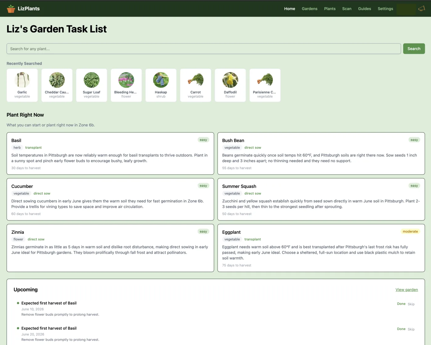 LizPlants dashboard showing zone-aware 'Plant Right Now' recommendations and upcoming garden tasks