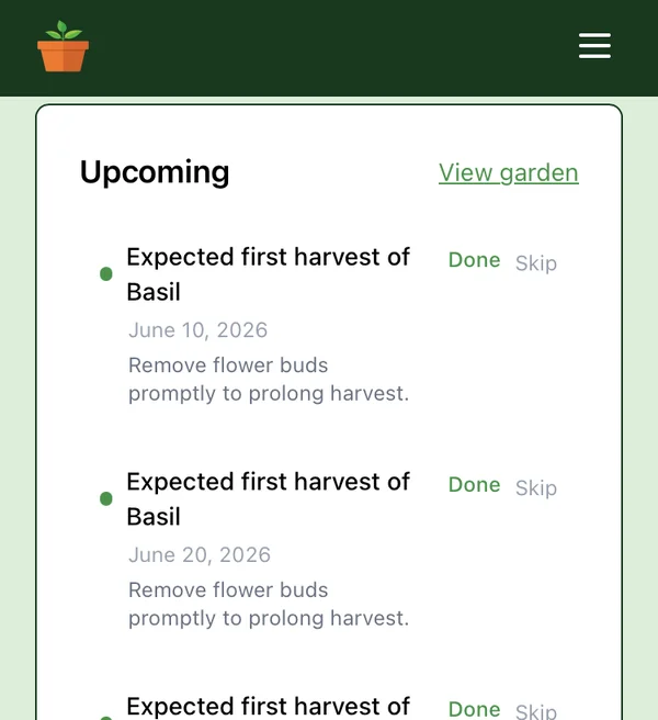 Upcoming harvest schedule with dates